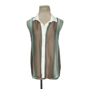 Glam brown green stripes sleeveless sheer button blouse size small